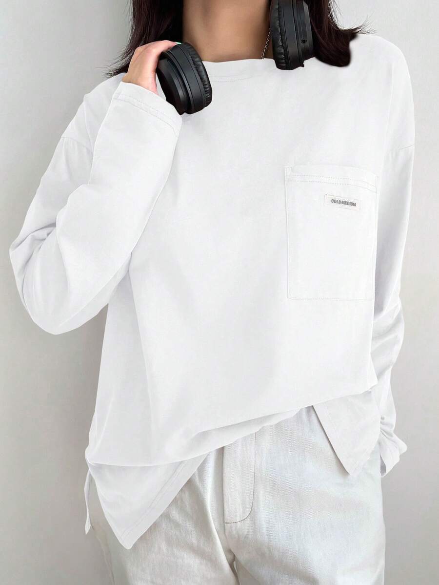 DAZY Camiseta básica de manga larga de unicolor para mujer, ropa de otoño con estilo preppy - Blanco - Ver 1