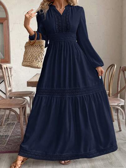 SHEIN VCAY Plus Size Women's Solid Color Simple Casual Long Sleeve Dress,Beach Dress Sundress,Holiday Outfits Boho