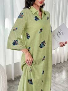 Al Najma Women's Floral Print 3/4 Sleeve Long Collar Arabian Modest Dress