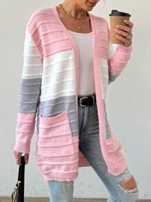 SHEIN LUNE Cárdigan de manga larga de punto con contraste de colores para mujer - Rosa - Ver 4