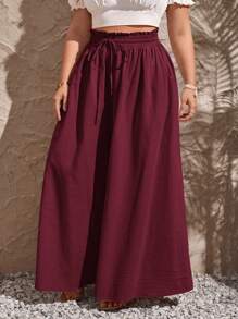 SHEIN VCAY Plus Drawstring Waist Wide Leg Summer Pants - Burgundy - View 5