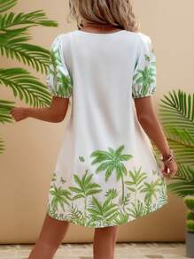SHEIN VCAY Vestido con estampado tropical de manga farol - Blanco - Ver 2