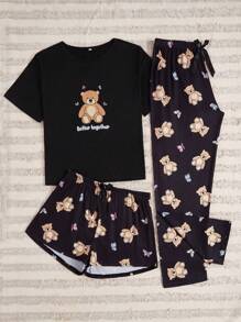 SHEIN 3 件套蝴蝶和泰迪熊印花短袖衬衫、裤子和短裤睡衣套装 - 彩色 - 查看 6