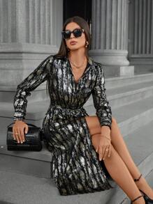 Aveloria Women Textured Foil Button Decor Tie-Waist Long Sleeve Shirt Dress