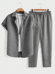 Manfinity Homme 男士衬衫领短袖正面纽扣简约上衣和正面口袋系带休闲裤套装 - 灰色 - 查看 1