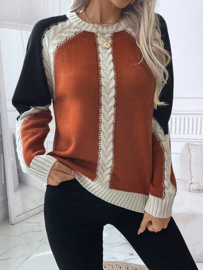 EMERY ROSE Suéter feminino casual de gola redonda e mangas raglan para outono/inverno, blusa de manga comprida, pulôver de tricô.