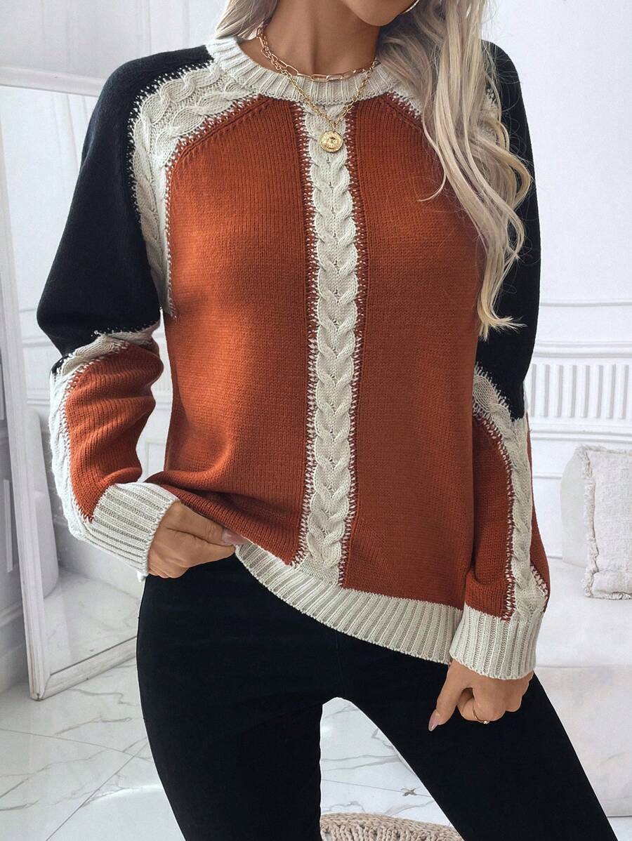 Women's Contrast Color Round Neck Raglan Sleeve Loose Casual Sweater, Autumn/Winter - Multicolor - View 1