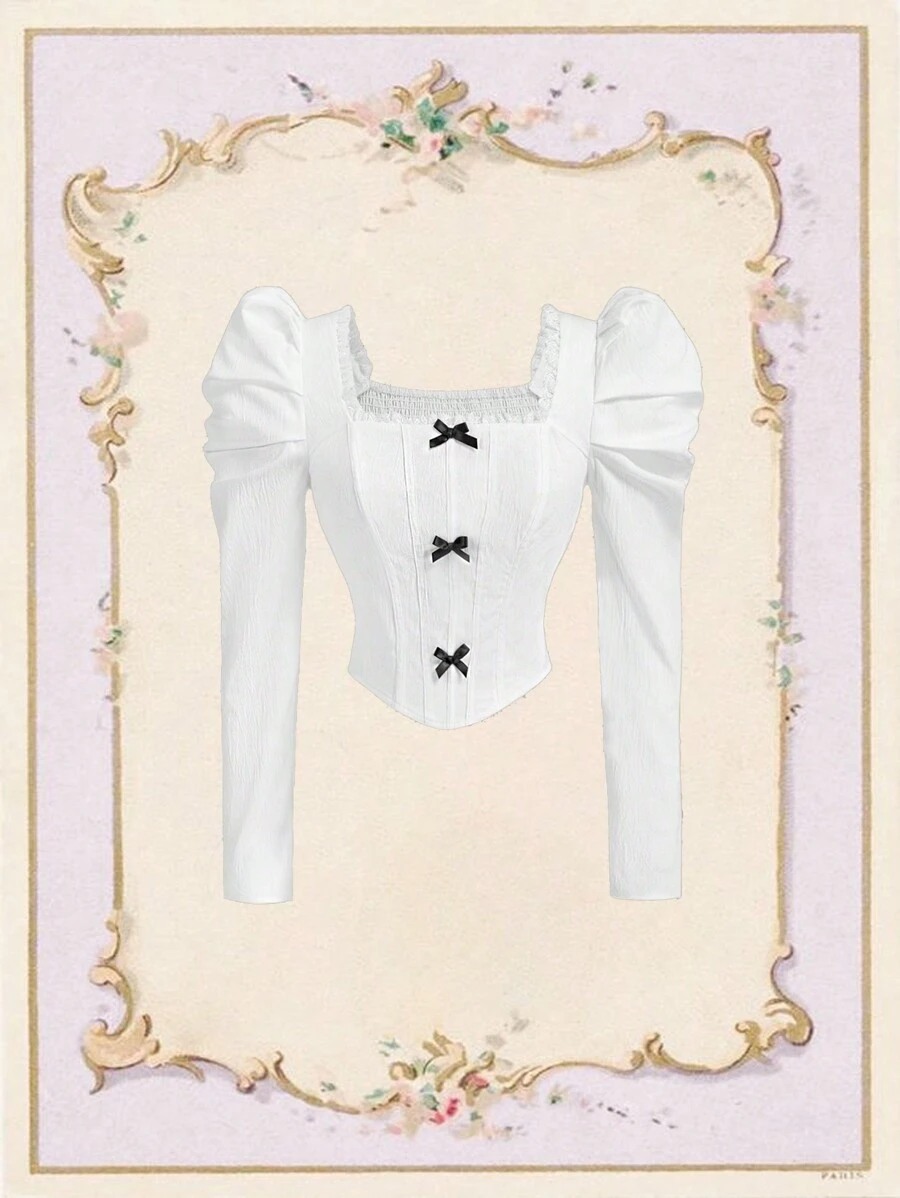 SHEIN MOD Bluzka damska na wiosnę/jesień z kwadratowym kołnierzykiem, rękawami typu gigot, w kolorze białym, z kokardą z przodu - Biały - Zobacz 1