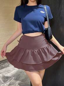 SHEIN Unity 女士纯色孔眼系带腰部荷叶边下摆 A 字裙 - 棕色 - View 4