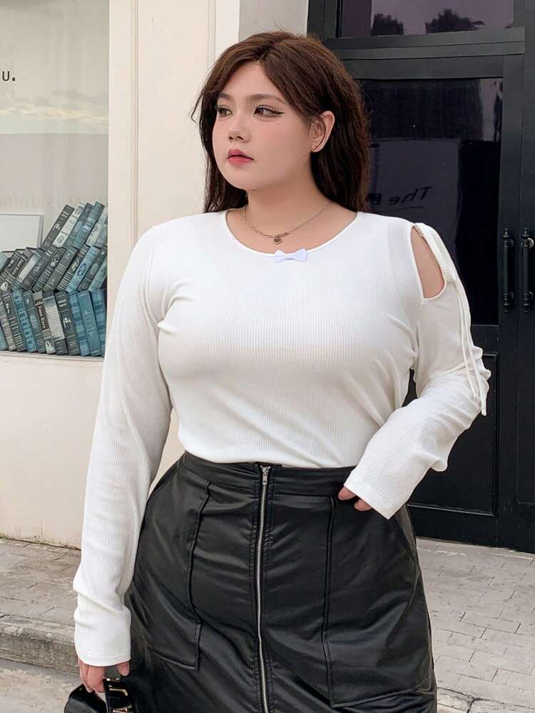 Dazy Plus Plus Size Women Crew Neck Fitted T-Shirt With Bow Decor,Fall Clothes Long Sleeve Women Tops