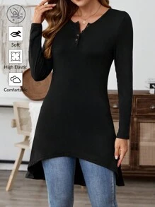 Faunlyn Women Spring/Autumn Casual Solid Asymmetric Hem T-Shirt - Black - View 5