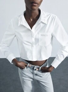 Maija 女士水钻装饰短款长袖口袋前扣休闲衬衫、上衣 - 白色 - 查看 3