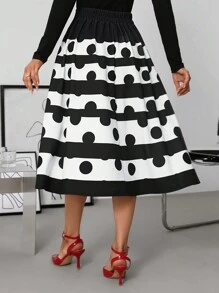 SHEIN Clasi Gonna a ruota elegante a pois bianca e nera per donne - Bianco e nero - Visualizzare 8