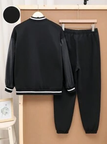 SHEIN Leap Crew 2件套青少年男童休闲复古美式学院风拼接保暖棒球夹克和针织运动裤套装，青少年男童秋冬装 - 彩色 - 查看 2