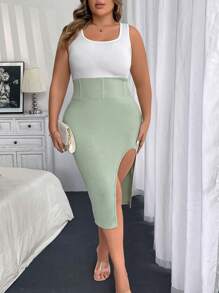 Franclia Plus Size Wide Strap Solid Color Patchwork Slit Fitted Casual Dress