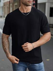 Manfinity Homme Áo thun nam cổ tròn tay ngắn màu trơn thời trang cỡ lớn, thường ngày, đi chơi - màu đen - Xem 4