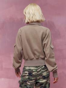 MISSGUIDED Zip Through High Neck Pocket Detail Long Sleeves Sweatshirt - Mocha Brown - View 2