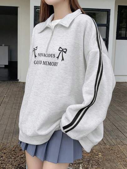 DAZY Autumn New Back To School Bowknot Print Loose Casual Women Sweatshirt