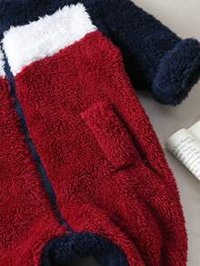 Combinaison à manches longues pour bébés garçons avec col en peluche et fermeture éclair, colorbloquée, épaisse et chaude pour les sorties d'automne et d'hiver - Bleu marine - Voir 6