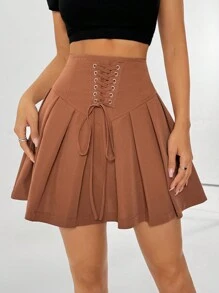 SHEIN Unity Chân váy xếp ly buộc dây màu trơn cho nữ - Màu Khaki - Xem 5