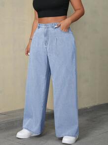 CovetEZ 大码女式口袋阔腿宽松休闲百搭牛仔裤 - 淺色水洗藍 - 查看 6