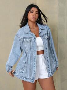 SHEIN EZwear Plus Size Women's Casual Loose Fit Drop Shoulder Long Sleeve Denim Jacket, Spring Autumn