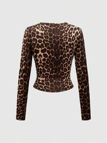 ROMWE Grunge Punk Y2K Leopard Print Deep-V Waist Ruched Women's Fitted T-Shirt, Fall Tee
