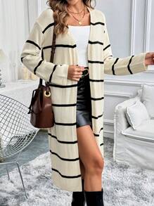 SHEIN LUNE Women's Long Sleeve Striped Cardigan, Long Casual Top Fall Cloth For Women - Beige - View 1