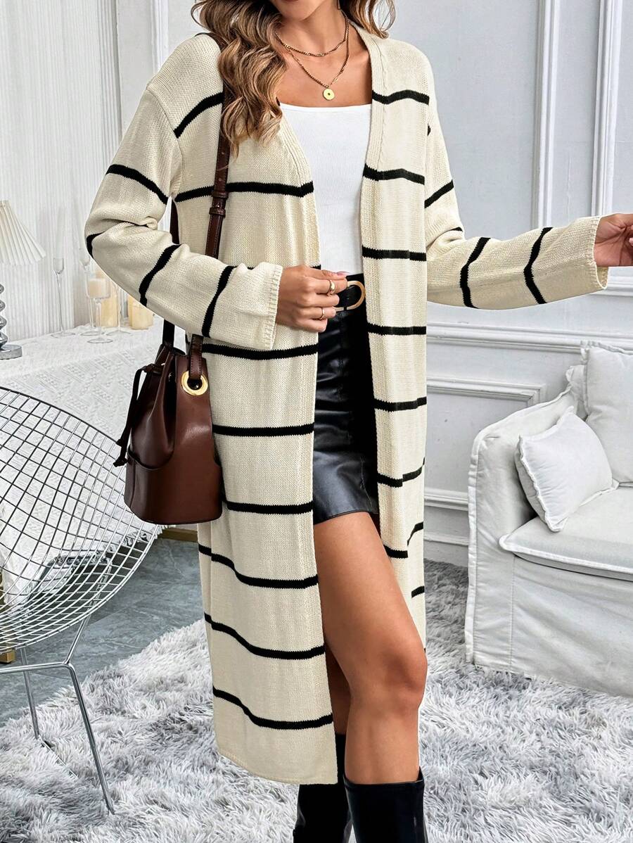 SHEIN LUNE Women's Long Sleeve Striped Cardigan, Long Casual Top Fall Cloth For Women - Beige - View 1