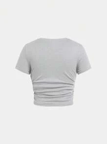 SHEIN Girlism T-shirt casual ajusté à col rond, manches courtes grises, côtés froncés, pour pré-adolescentes
