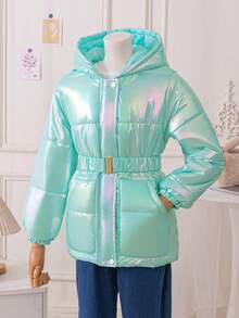 Tween Girls' Simple Hooded Long Sleeve Padded Coat, Iridescent Fall Winter - Green - View 3