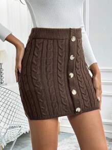 SHEIN Clasi Women's Single-Breasted Fitted Knit Skirt - Coffee Brown - View 4