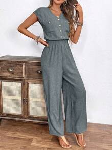 EMERY ROSE Bộ đồ liền thân rộng cổ chữ V màu trơn dành cho nữ, mùa hè - Màu Xám nhạt - Xem 3