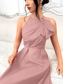 Modelyn Women's Summer Solid Color Ruffle Hem Pleated Maxi Sleeveless Elegant Dress Long Evening Dresses - Pink - View 4