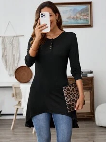 Faunlyn Women Spring/Autumn Casual Solid Asymmetric Hem T-Shirt - Black - View 3