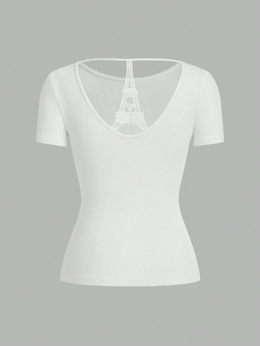 SHEIN Essnce 巴黎埃菲尔铁塔图案无袖针织 T 恤，夏季 - 白色 - 查看 1