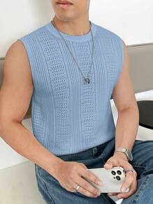 Manfinity VCAY Men's Casual Solid Color Sweater Vest, Spring Autumn - Blue - View 7