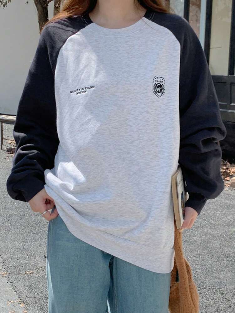 Women's Casual Contrast Color Letter Print Fleece Sweatshirt, Autumn/Winter