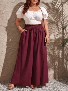 SHEIN VCAY Plus Drawstring Waist Wide Leg Summer Pants - Burgundy - View 4
