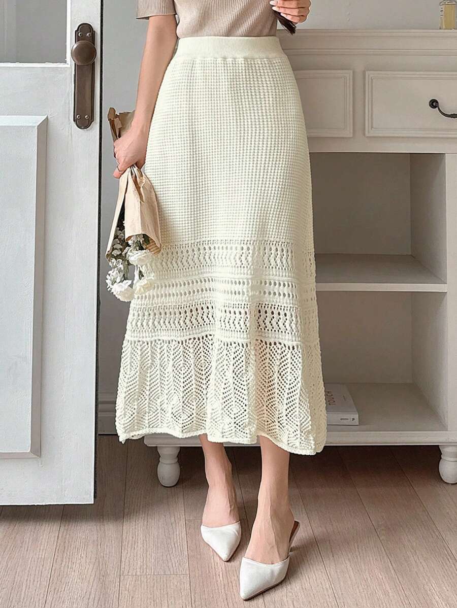 DAZY Women's Solid Color Simple Hollow Patchwork Skirt, Casual Vacation - Beige - View 1