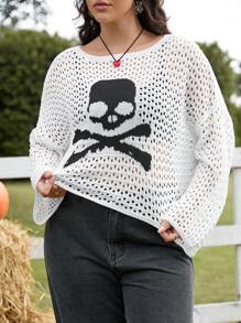 SHEIN EZwear Plus Size Women's Plus Size Drop Shoulder Long Sleeve Hollow Skull Knit Sweater, Autumn/Winter
