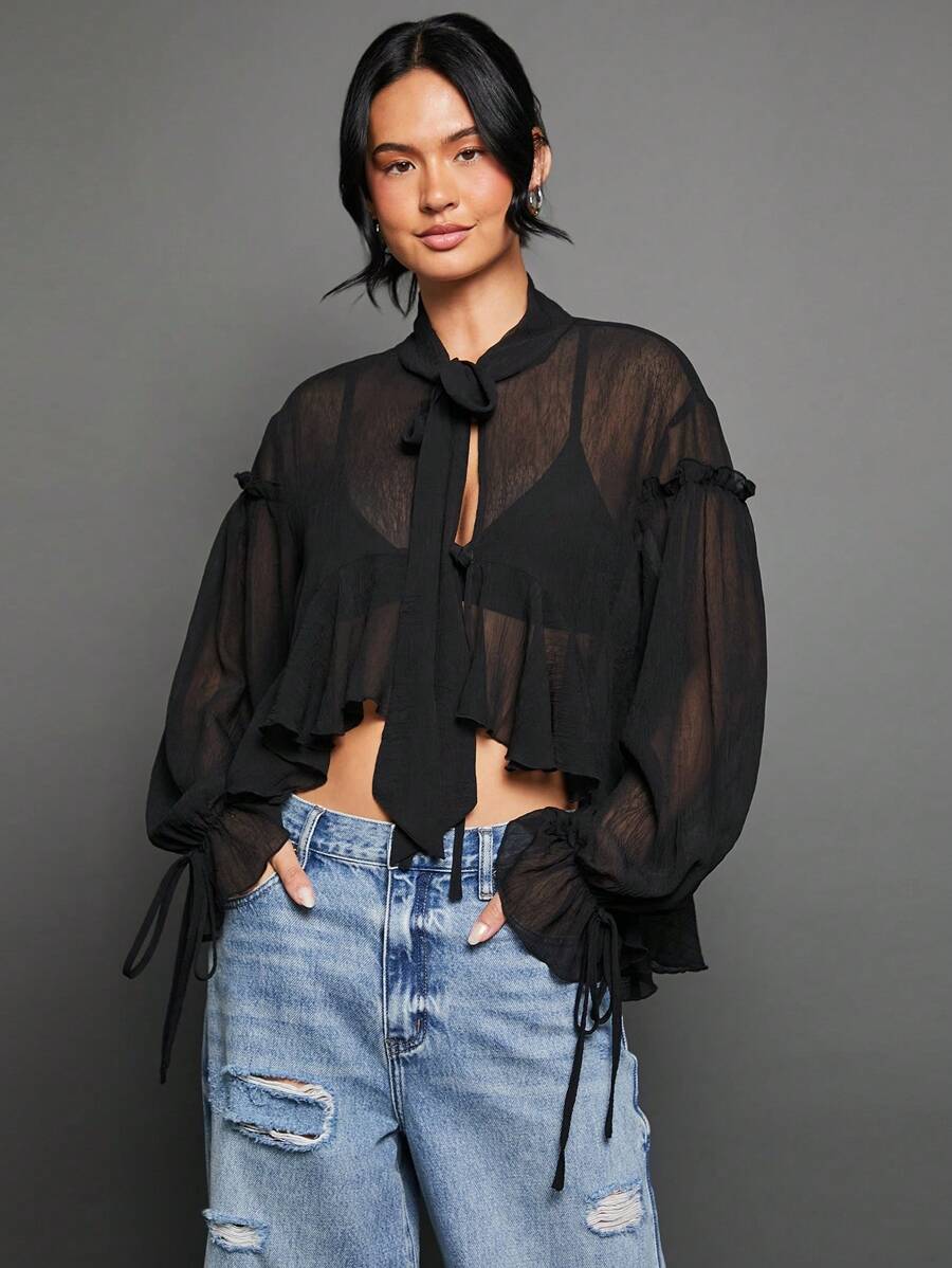 WESTFADE Neck Scarf Tie Ruffle Peplum Long Bow Sleeve Crop Top Spring Summer Vacation Outfit