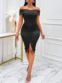 SOLERSUN Vestido de fiesta con hombros descubiertos, fruncido lateral, satén y bajo asimétrico, vestido largo de mujer - Negro - Ver 5
