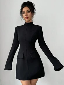 Selianne Damen Kleid mit stehendem Kragen, Langarm, falsche Tasche, schlicht, kurz, elegant - Schwarz - Übersicht 5