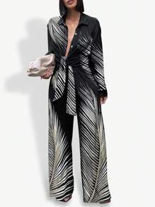 2pcs/Set Monochrome Print Small Collar Long Sleeve Top + Long Straight Pants, Women Business Casual Summer Clothes - Black - View 3