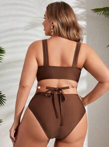 Swim Lushoire Plus Size Solid Color Cut Out Waist One-Piece Swimsuit With Ring Shell Decor, Summer Beach Bathing Suit - Brown - View 2