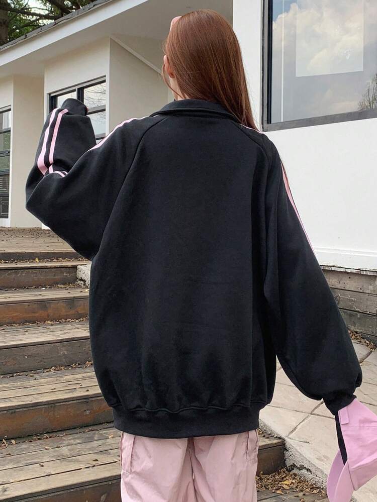 Women's Contrast Letter Print Fleece Oversized Sweatshirt, Long Sleeve Tops, Thermal Lined Jacket Fall,Winter Zip Up