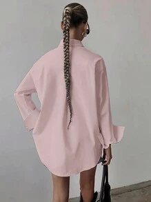 QIANZHIDU Elva 女款長袖單排扣休閒寬鬆襯衫，純色寬鬆長袖商務面試通勤休閒極簡風襯衫，適合返校畢業季辦公室，春夏季秋冬，情人節、新年冬季 - 藕粉色 - 查看 7