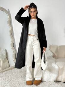 SHEIN Girl & Teen Girls Faux Suede Lined Long Jacket - Black - View 4