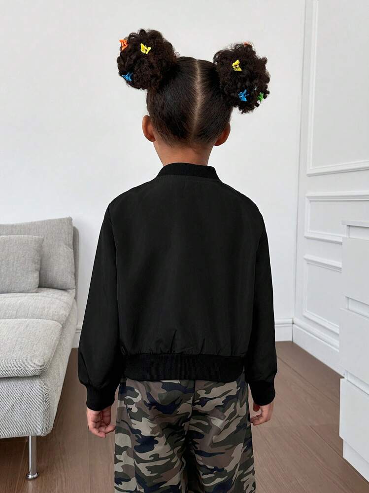 SHEIN Young Girl Zip Up Flap Pocket Bomber Jacket,In Fall/Winter - Black - View 2